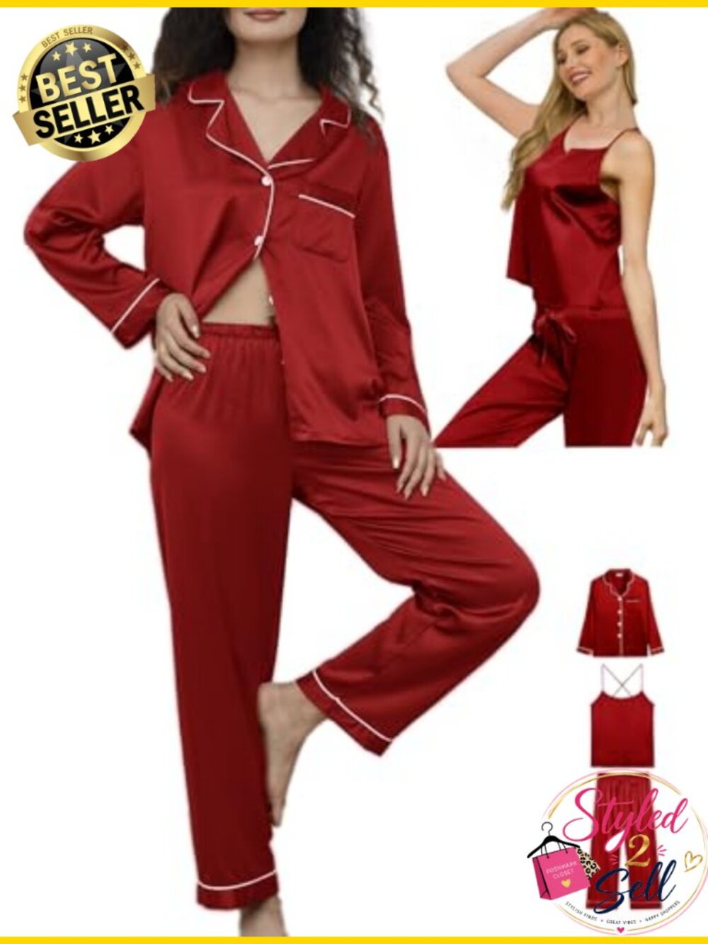 Women's 3-Piece Silk Satin Pajama Set with Cami Top, Long Sleeve Sleepwear